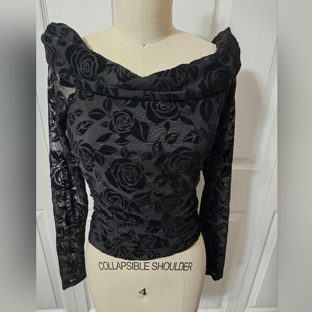 Black Velvet With Roses Off The Shoulder Top, Medium, Semi Sheer Sleeves, New
